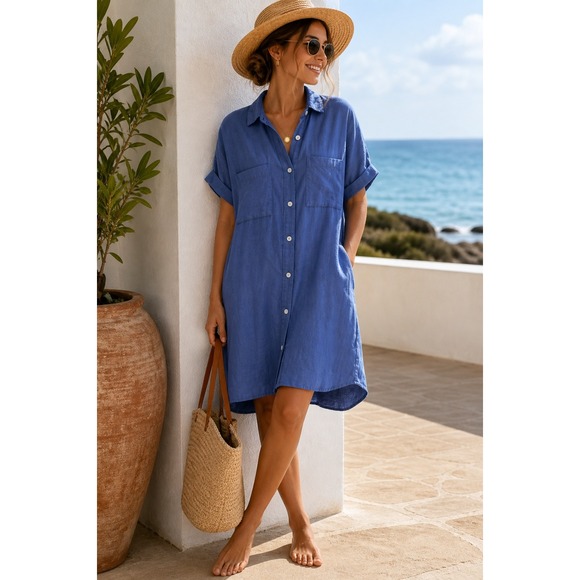 Zilcremo Dresses & Skirts - Zilcremo Shirt Dress XL Blue Button Down Tunic Casual Coastal Minimalist Travel